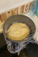 Preparing bread dough at home on a floured kitchen surface, ready for baking.