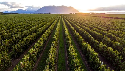 Aerial view of an orchard at sunset