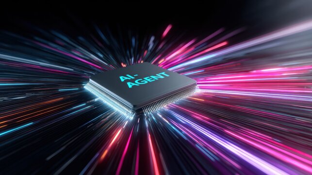 Ai agent processor with glowing blue text on a dark background with vibrant light trails