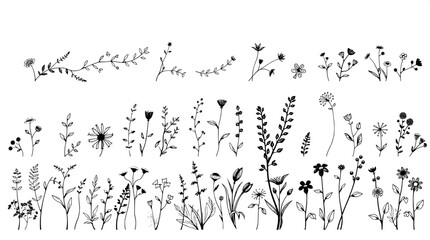"Black-and-white botanical line art illustrations on a flat white background, drawn with thick, organic lines. A mix of trailing and clustered plants fills three rows, creating a clean, modern composi