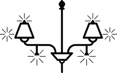 Three-lamp chandelier silhouette, decorative lighting fixture icon, black and white illustration, interior design element, architectural lighting concept