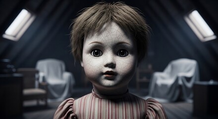 Eerie doll with haunting eyes in an attic. Ideal for Halloween promotions, thriller book covers, horror movie posters, or suspenseful social media content. Creepy, unsettling mood.