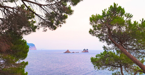 Scenic view of small rocky islands off the coast of Petrovac, Montenegro, framed by lush pine branches, with calm blue sea and a pastel evening sky.