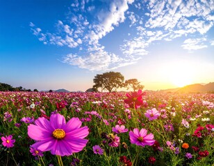 A vast field of cosmos flowers under a vibrant sunset sky