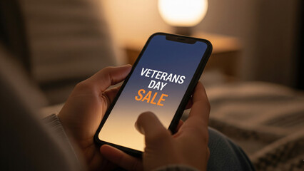 Person holds smartphone displaying veterans day sale promotion for online shopping deals and discounts on mobile device during holiday season.