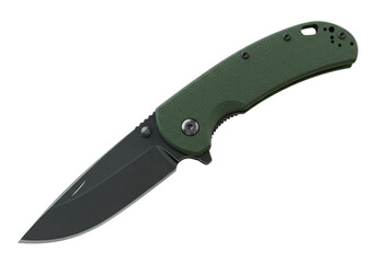 Isolated folding knife with dark blade, sharp edge and green handle, on a simple backdrop