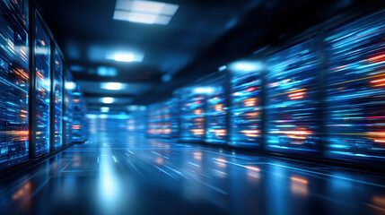 Futuristic data center with rows of illuminated server racks creates vibrant and dynamic atmosphere. blue lights and blurred motion evoke sense of speed and technology
