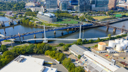 Aerial shot of cars driving over the Schuylkill River in Philadelphia Pennsylvania USA