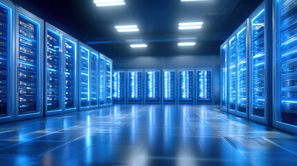 Modern data center featuring rows of server racks illuminated by blue LED lights, creating futuristic and high tech atmosphere. polished floor reflects vibrant lighting, enhancing overall