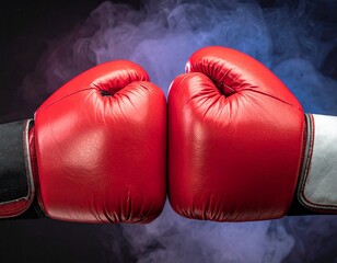 Close-up of two red boxing gloves facing each other against a dark smoky background, symbolizing competition and confrontation