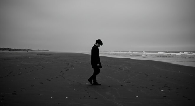 Melancholy man walks alone on dark beach under overcast sky, contemplating life