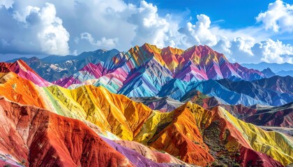 Vivid shot capturing vibrant, multi-colored sandstone mountains under a blue sky with fluffy clouds, creating a striking geological vista