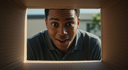 Man's excited face peers into cardboard box, revealing surprise and anticipation for a delivered package, perfect for e-commerce and unboxing campaigns