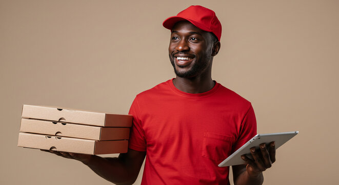 Smiling delivery man in red cap and shirt holding stack of pizza boxes and tablet for efficient service