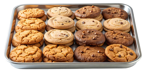 A variety of freshly baked cookies on a metal baking sheet isolated on transparent background, perfect for a sweet treat or dessert