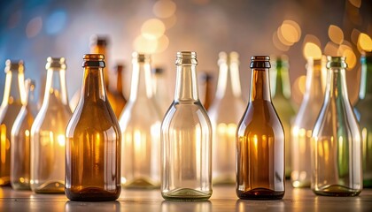 Assorted glass bottles of various shapes representing creativity, balance, harmony, and functionality with nostalgic design and dynamic symmetrical arrangement for modern display.