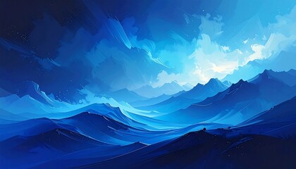 A vibrant blue landscape with mountains and clouds