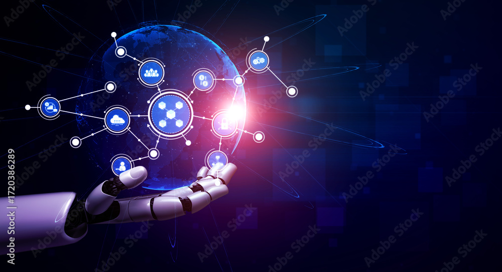 Poster a stunning visualization of a robotic hand presenting a digital globe illuminated with network conne