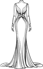 Elegant long evening gown front view, thick line art 2