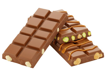 Isolated chocolate bars with nuts and caramel sauce for food confectionery concept studio shot