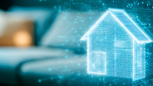 Digital hologram of a house structure overlaid on a modern living room background, symbolizing smart home technology. - Powered by Adobe