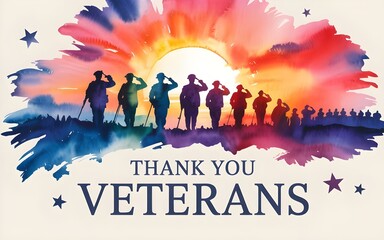 Thank you veterans message with silhouette of soldiers saluting against a vibrant watercolor sunburst, symbolizing patriotism and gratitude, isolated on white background