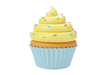 Isolated cupcake with yellow frosting and sprinkles, pastel blue wrapper decoration dessert