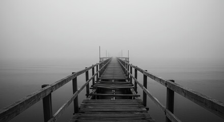 Obraz premium Mysterious old pier disappears into thick fog over calm water