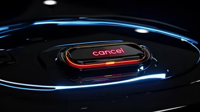 Pressing a red glowing cancel button on a futuristic interface represents critical choice an error or aborting process a final important digital decision