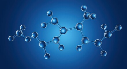 Molecular structure illustration with blue spheres and connecting lines on blue background.