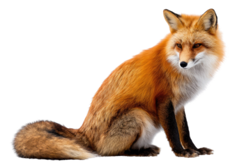 A vibrant red fox sits gracefully, its fur detailed, against a transparent background. background removed