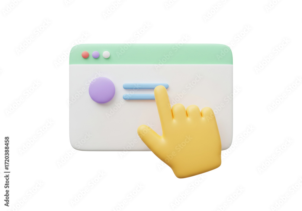 Poster isolated website interface with hand cursor touching, 3d render of navigation symbol