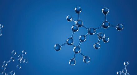 Molecular structure representation with spheres and lines on a blue background.