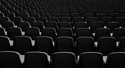 Empty stadium seats create a dramatic, modern geometric pattern with stark contrast