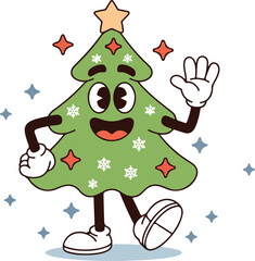 Fototapeta premium Cartoon Christmas tree character waving with stars and snowflakes happy