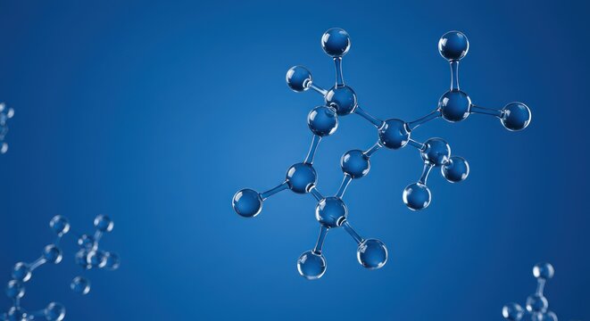 Molecular structure representation with spheres and lines on a blue background.