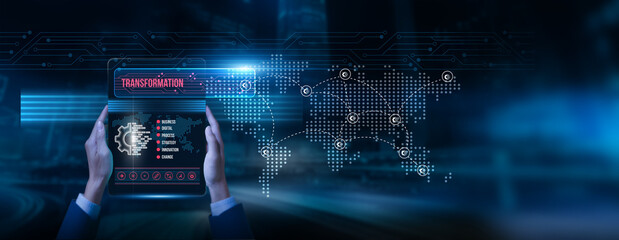 Transformation consultant holding a tablet with transformation data on screen innovation strategy...