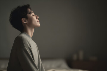 young man in stretching pose embodies serenity and balance in minimalist interior space
