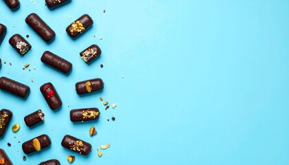 Assorted chocolate treats arranged on a blue background