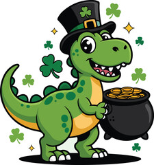 Cute cartoon dinosaur in leprechaun hat with pot of gold coins T-Rex