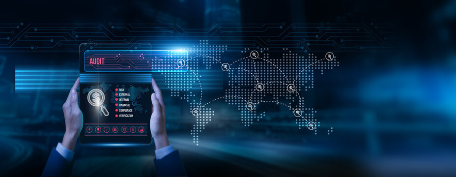 Auditor holding a tablet with audit data on screen financial compliance reporting, and risk analysis. internal control evaluation accuracy monitoring governance transparency accountability improvement