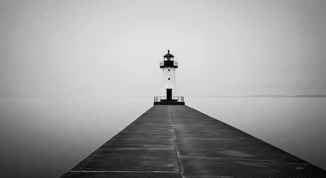 Serene lighthouse stands tall guiding ships through calm waters on a misty morning