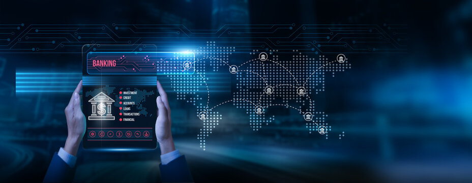 Banker holding a tablet with banking data on the screen for financial transactions digital payments risk management credit analysis investment monitoring compliance security customer engagement.