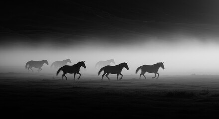Majestic horses run through misty dawn landscape, conveying freedom and power