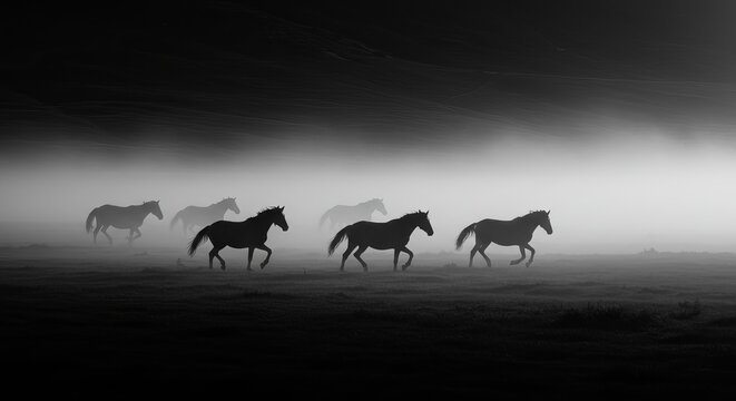 Majestic horses run through misty dawn landscape, conveying freedom and power