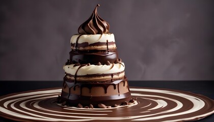 Delicious chocolate cake with a swirl of chocolate on a dark surface.