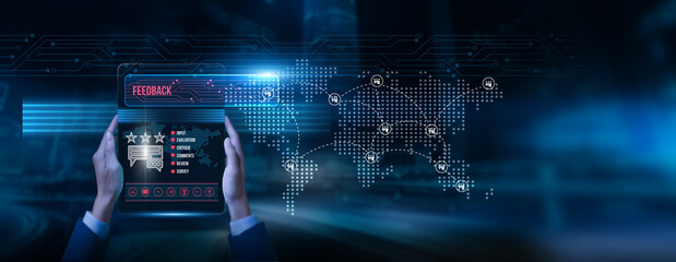 Specialist holding a tablet with feedback data on-screen: customer insights, performance review,...