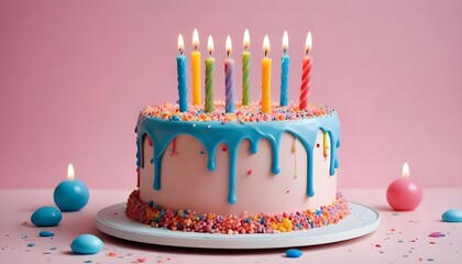 Birthday cake with colorful candles and decorations on a pink background.