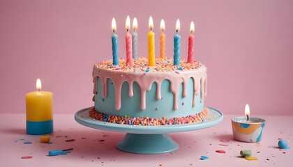 Birthday cake with lit candles and sprinkles on a pink background.