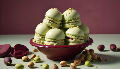 Pistachio macarons in a red bowl with scattered nuts on a light green surface.